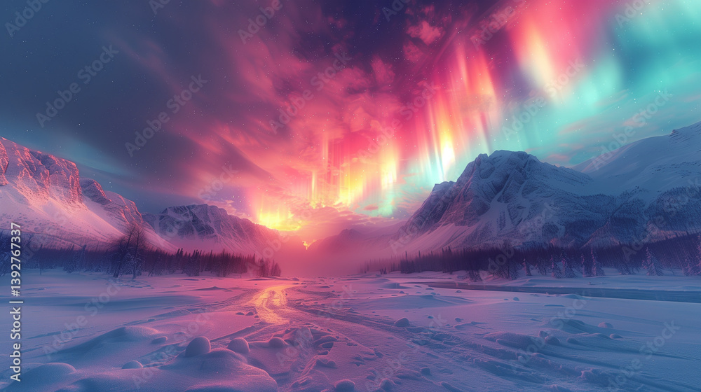 Naklejka premium Northern lights in the mountains. Beautiful winter night landscape.