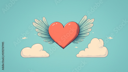 Hand draw heart with feathery wings, floating over a pale blue cloudy sky, vintage illustration, pastel palette, retro romantic vibe, spacious copy area