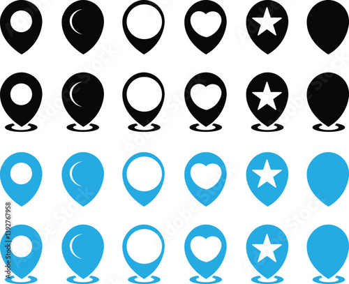 Point of interest set icons. Silhouette style. Vector icons. stock illustration Map marker icons in black filled and outlined style