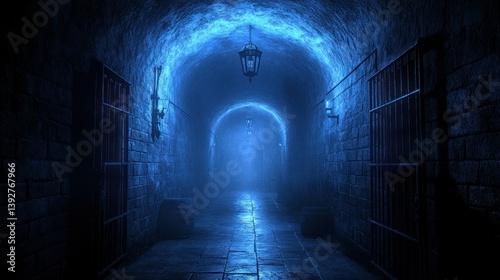 Dark, blue dungeon passageway