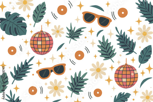 Vibrant summer party pattern with sunglasses, disco balls, and tropical leaves