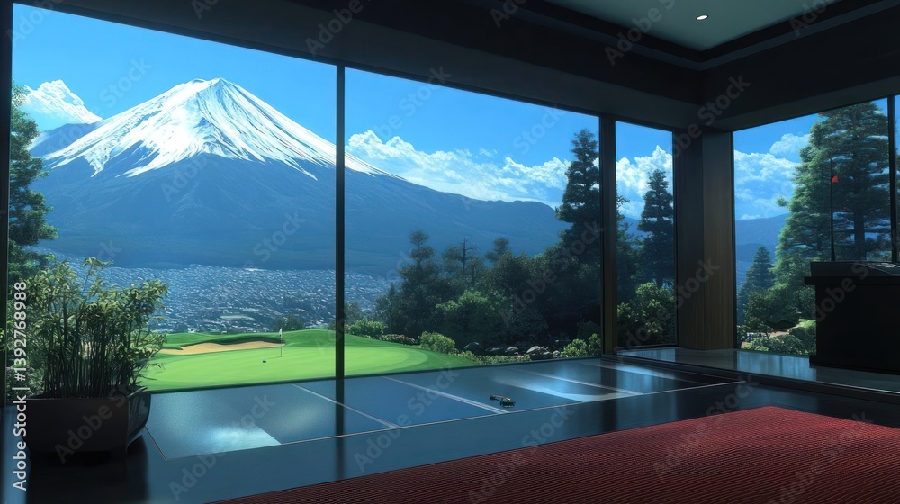 Fototapeta premium Scenic vista through panoramic windows, mountain backdrop with golf course elegance