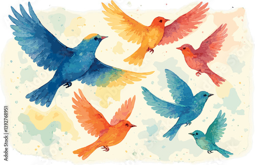 Vibrant watercolor birds in flight art for home decor and greeting cards