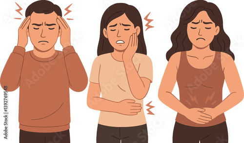 Experiencing headache toothache and stomach pain in three individuals depiction