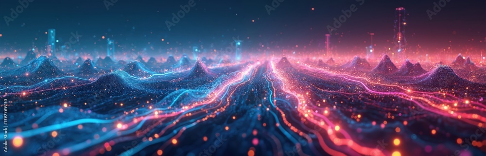 Obraz premium Abstract digital landscape vibrant colors, flowing lines representing technology innovation. Dynamic visual format with blue, red, orange neon lights. Modern artwork, design, futuristic tech,