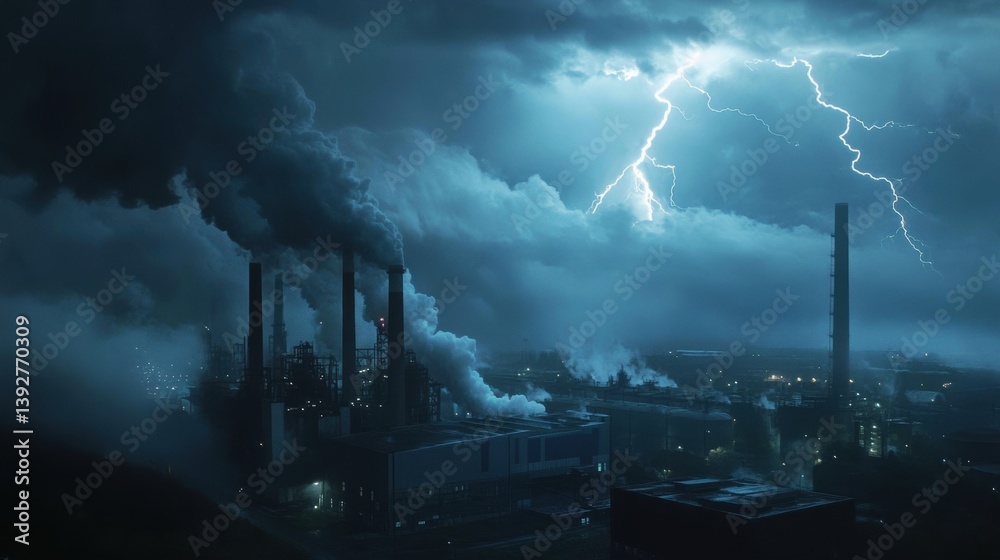 Factory with chimney smoke lightning. Air pollution impact on environment.