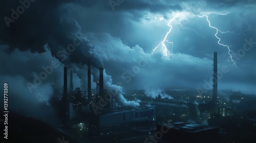 Obraz na płótnie Factory with chimney smoke lightning. Air pollution impact on environment. w salonie