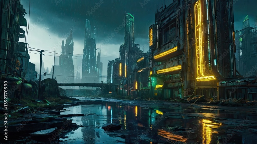 Obraz premium Unusual post-apocalyptic landscape in bright neon tones: a ruined world, futuristic lights, chemical fog, and a mysterious atmosphere.