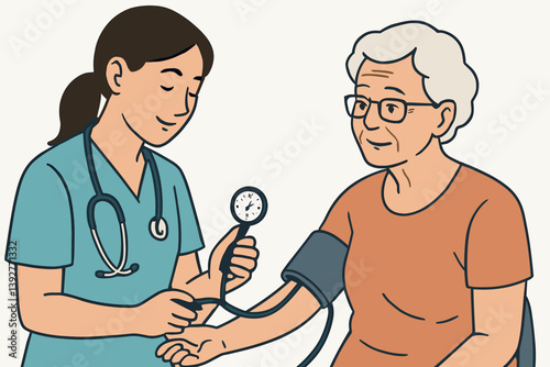 Nurse measuring blood pressure of elderly woman in medical setting