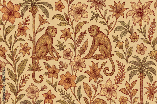 Tropical floral jungle pattern with monkeys and palm trees for textile design