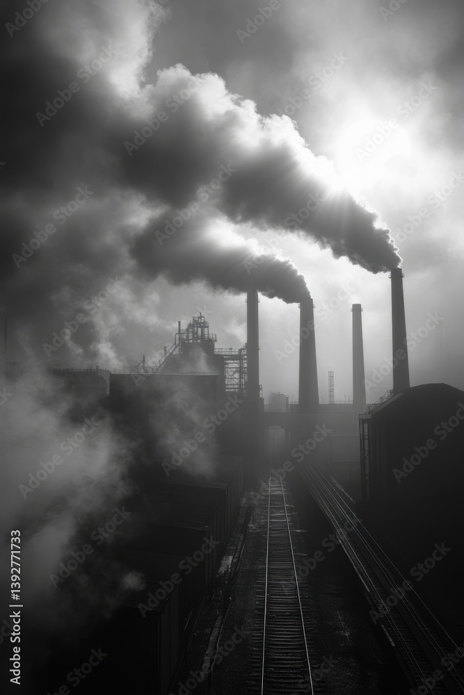 Vintage photo of factory with chimney and black smoke. Air pollution impact on environment.