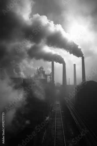 Obraz na płótnie Vintage photo of factory with chimney and black smoke. Air pollution impact on environment. w salonie
