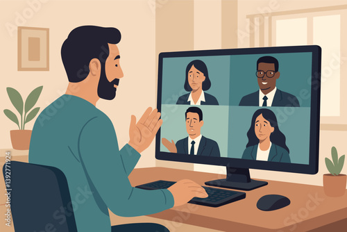 Virtual team meeting for remote work collaboration and business planning