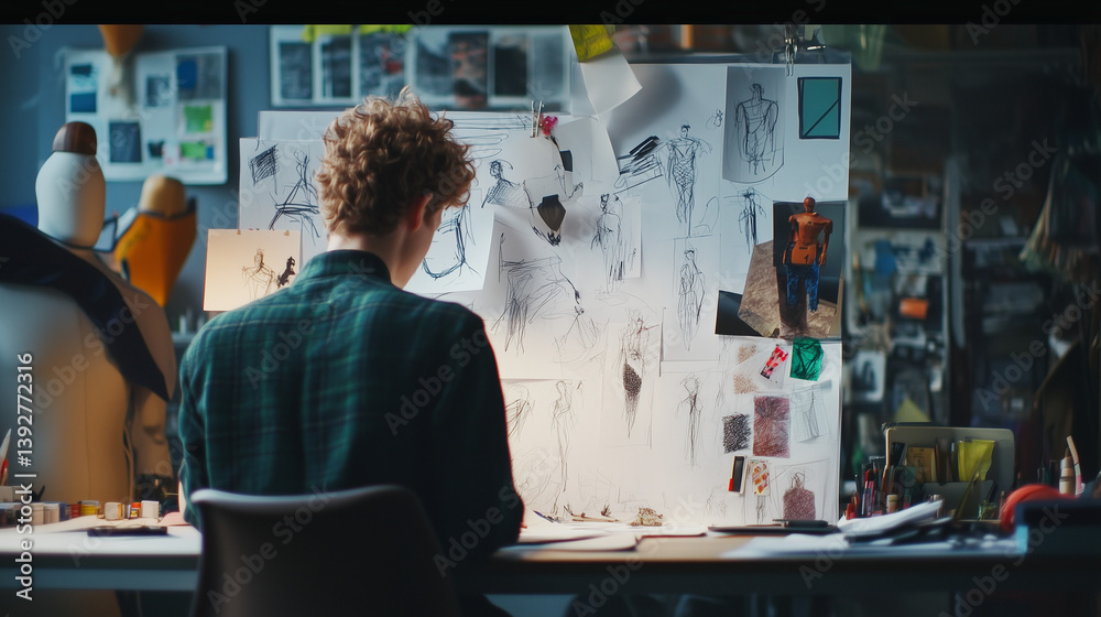 Obraz premium Young man standing in creative studio with inspiration wall for artistic exploration and visual thinking themes