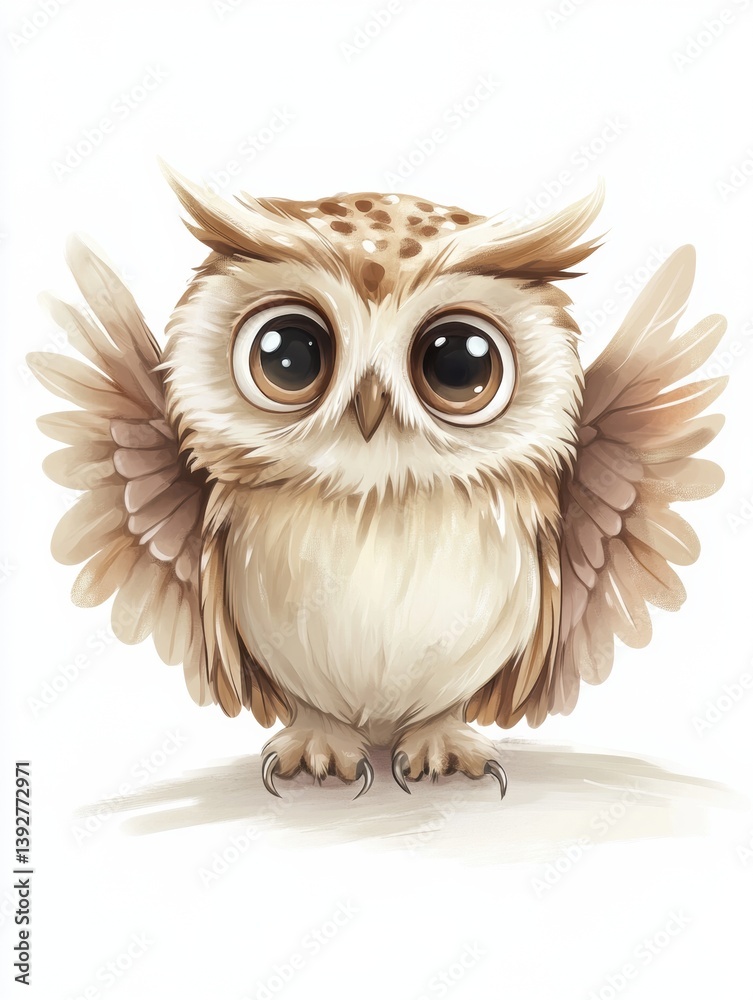 Obraz premium Calm and cute owl with wings spread showcases soft feathers and expressive eyes against a white background