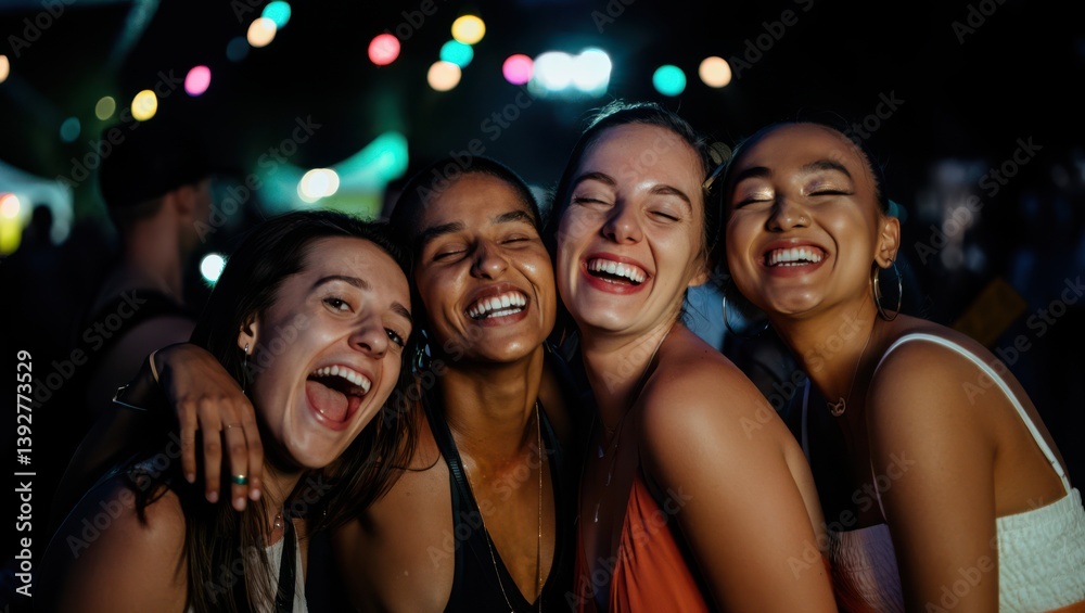 Fototapeta premium Happy women friends smiling and hugging at night festival or outdoor party.