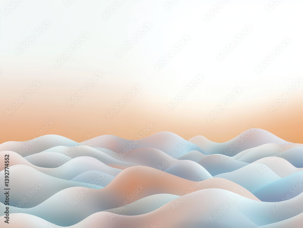 Obraz premium surreal landscape with soft, rounded shapes resembling rolling hills or waves. The color palette is composed of pastel tones, primarily light pink, peach, blue, and white