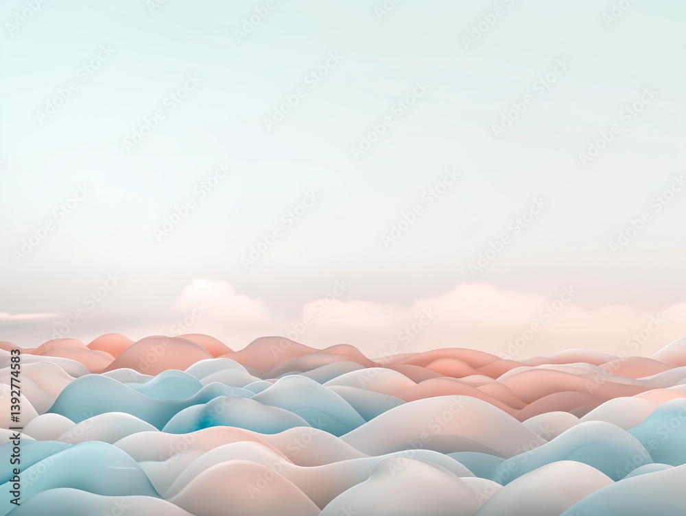 Fototapeta premium surreal landscape with soft, rounded shapes resembling rolling hills or waves. The color palette is composed of pastel tones, primarily light pink, peach, blue, and white