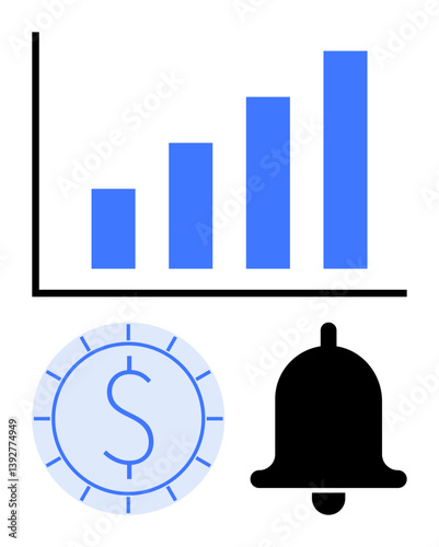 Vertical bar graph indicating growth alongside a dollar icon and a notification bell. Ideal for finance, investment, data analysis, income tracking, business alerts, notifications, economic progress