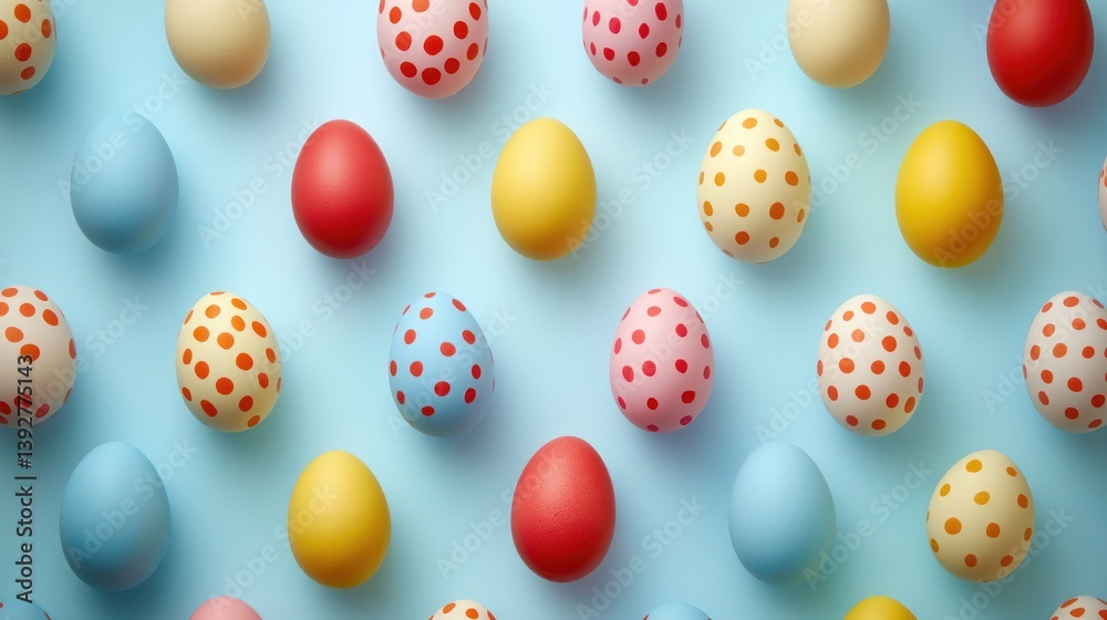 Colorful Easter eggs arranged in a pattern on a blue background. Colorful Easter eggs arranged in a pattern on a blue background.