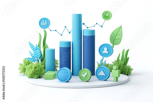 Blue graphs and bar charts on a white background, in a vector illustration style, with a flat design and 3D rendering