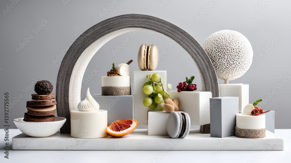 premium food display featuring elegant desserts and fruits arranged artistically on modern pedestal premium food display featuring elegant desserts and fruits arranged artistically on modern pedestal