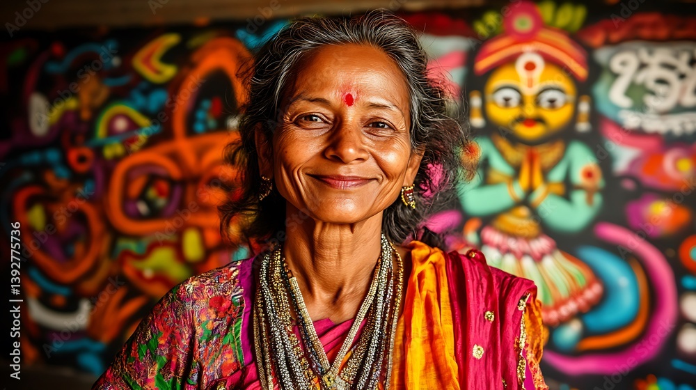 Obraz premium Vibrant Portrait of an Indian Woman Against a Colorful Mural