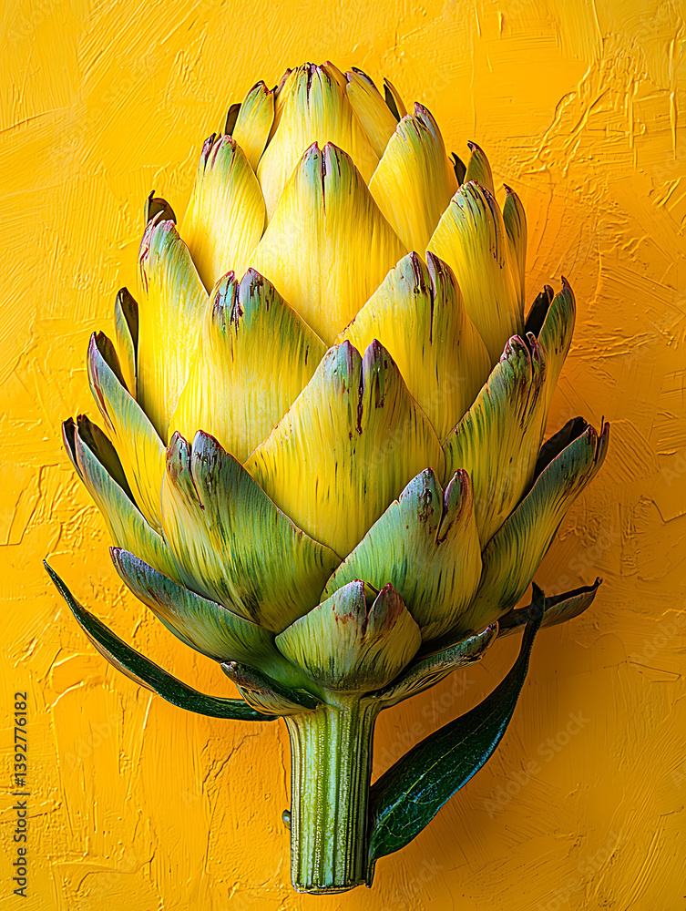Fototapeta premium Close-up of a vibrant yellow-green artichoke presented on a bright textured yellow background capturing intricate details.