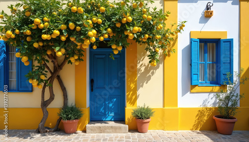 Fototapeta Naklejka Na Ścianę i Meble -  Charming Mediterranean facade with vibrant yellow lemon tree. Blue door and window against white yellow walls. Potted plants on cobbled street. Sunny, summer day, tourism, vacation, travel concept.