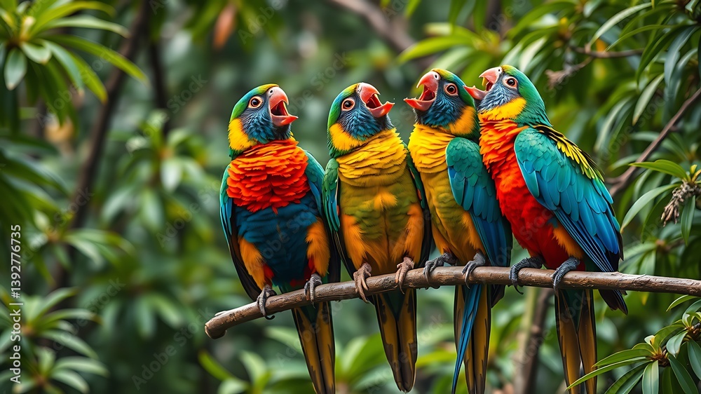 Obraz premium Four colorful macaws perched on a branch in tropical rainforest, exotic bird photography
