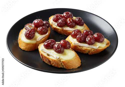 Wallpaper Mural Delicious crostini topped with creamy cheese and sweet cherries on a black plate Torontodigital.ca