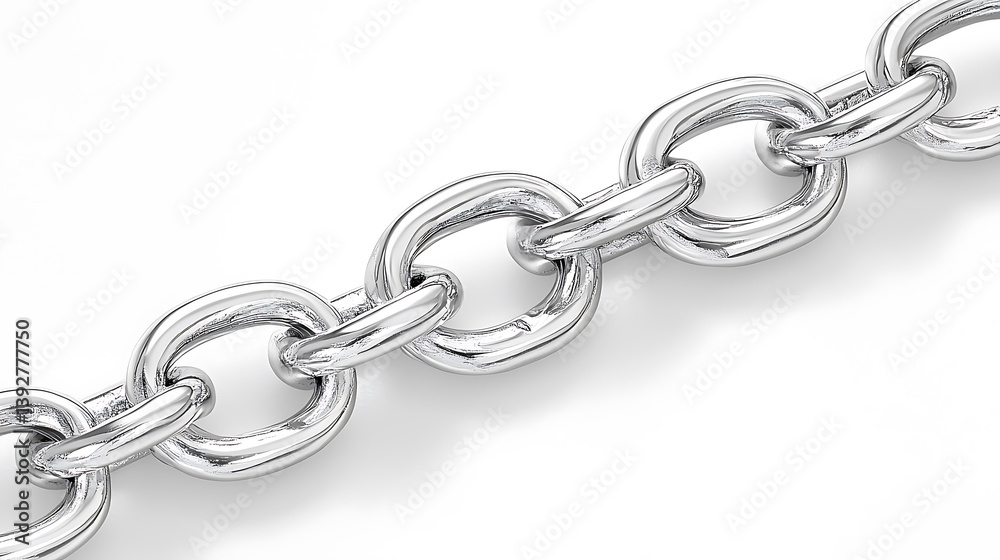 Fototapeta premium Close-up of a shiny silver chain with interconnected oval links angled against a stark white background.