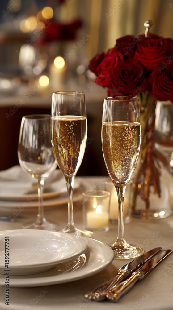 Romantic table setting with champagne flutes, plates, cutlery, and red roses, symbolizing a special occasion or celebration, perfect for Valentine's Day Romantic table setting with champagne flutes, plates, cutlery, and red roses, symbolizing a special occasion or celebration, perfect for Valentine's Day