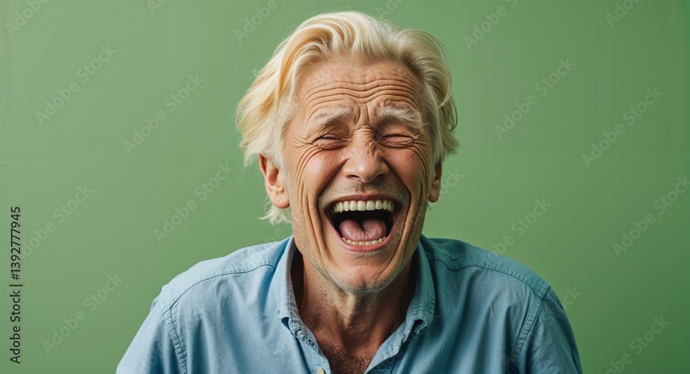 blonde elderly man on green plain bright background happy laughing hysterical looking at camera portrait banner with copy space ad concept marketing blonde elderly man on green plain bright background happy laughing hysterical looking at camera portrait banner with copy space ad concept marketing