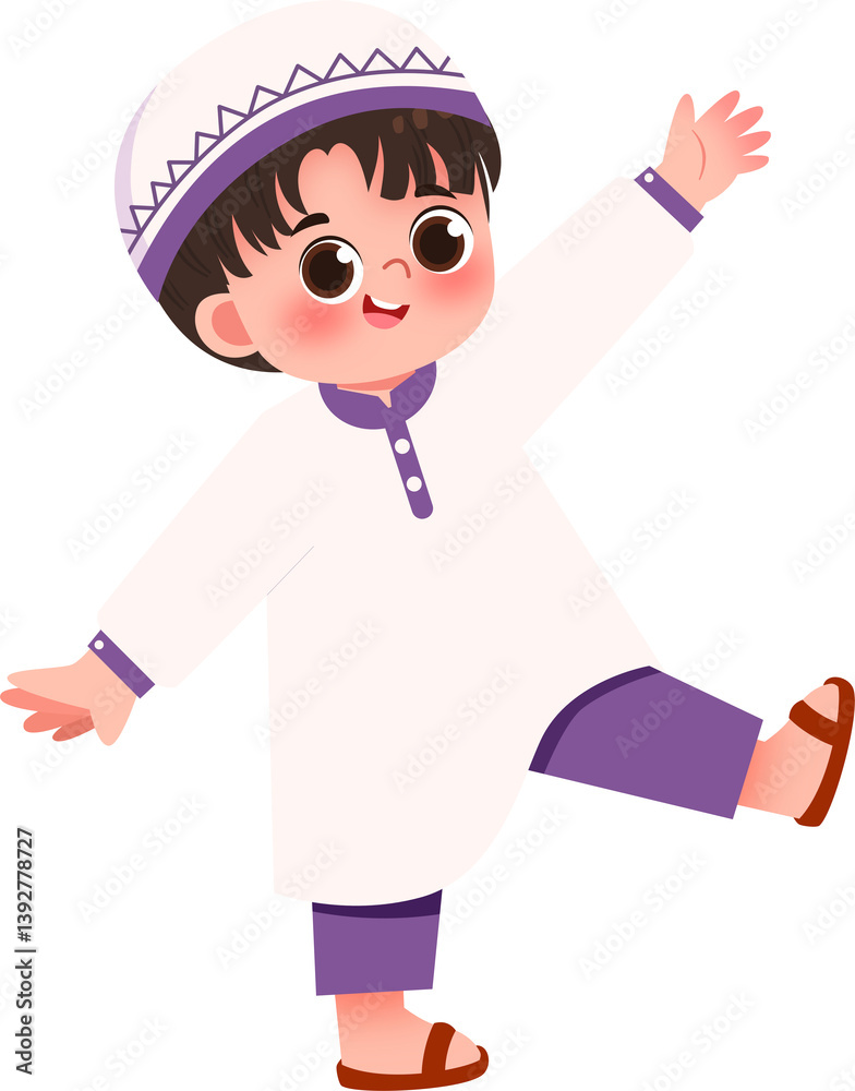 Joyful Young Boy in Traditional Clothing, Playful Pose, Cartoon Illustration Joyful Young Boy in Traditional Clothing, Playful Pose, Cartoon Illustration