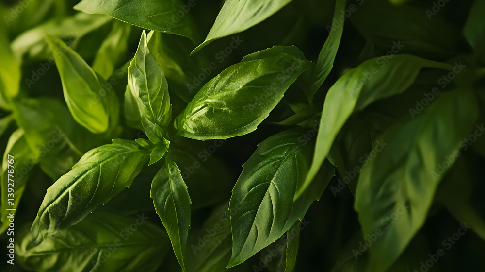 Obraz premium Vibrant green herb with fresh leaves. Close-up captures the plant's lush texture and healthy appearance, ideal for culinary or botanical themes.