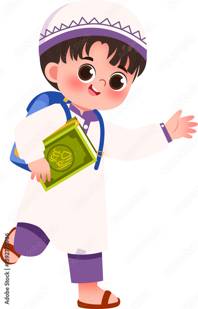 Cheerful Muslim Boy with Book and Backpack, Walking to School