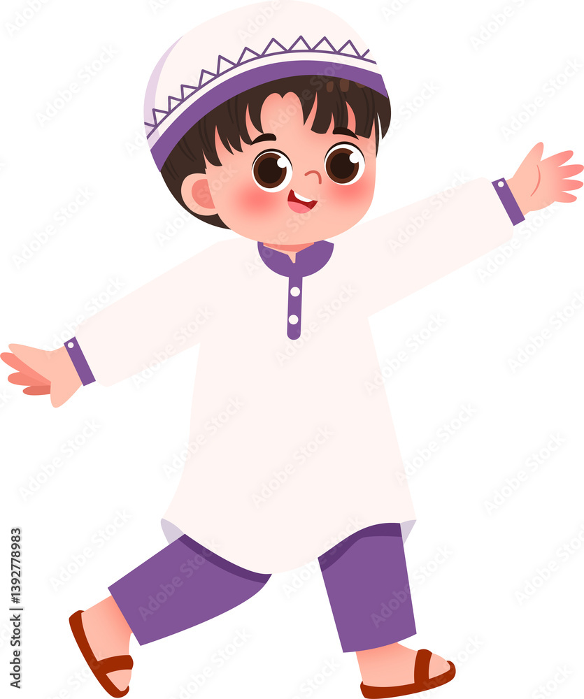 Joyful Young Boy in Traditional White and Purple Clothing, Open Arms Joyful Young Boy in Traditional White and Purple Clothing, Open Arms