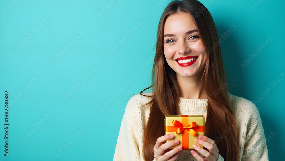 High-resolution photo of a cheerful young woman holding a small gift box wrapped with an orange ribbon, standing against a vibrant turquoise background. High-resolution photo of a cheerful young woman holding a small gift box wrapped with an orange ribbon, standing against a vibrant turquoise background.