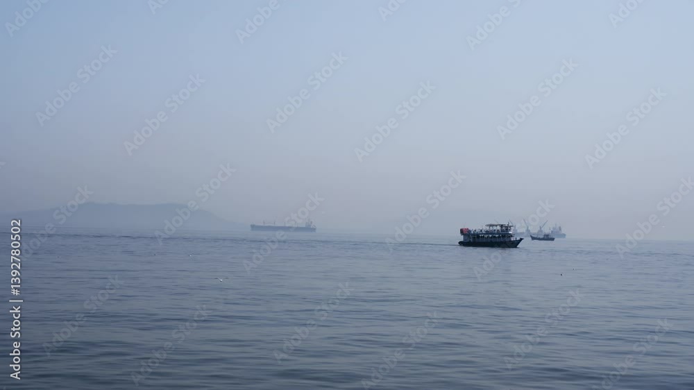 A tourist water transport ferry boat is actively taking people across the sea, while other ships and tugboats can be seen in the surrounding waters. A tourist water transport ferry boat is actively taking people across the sea, while other ships and tugboats can be seen in the surrounding waters.