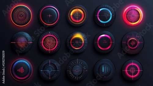 Futuristic interface elements with glowing neon target sights design collection