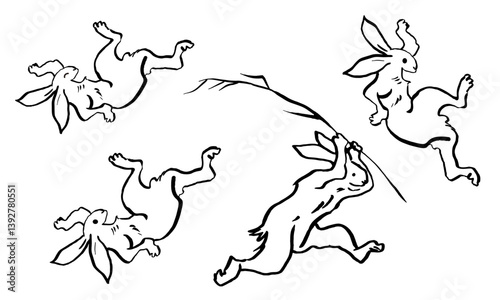 うさぎ　鳥獣戯画風　イラストセット