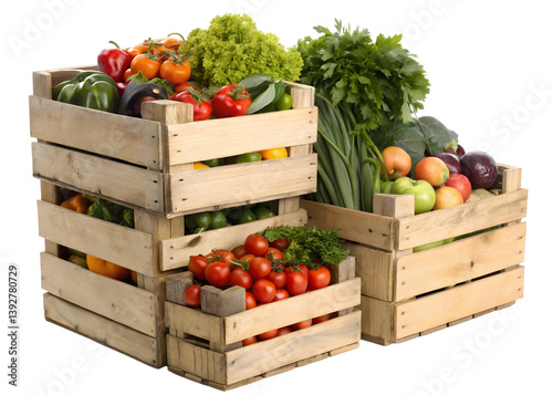 Fresh produce in wooden crates stacked high featuring a variety of colorful vegetables and fruits