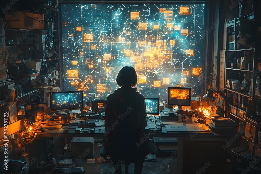 Futuristic laboratory with holographic displays