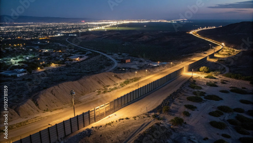 Aerial view of border wall illuminated at night, separating two countries with contrasting landscapes and city lights in distance