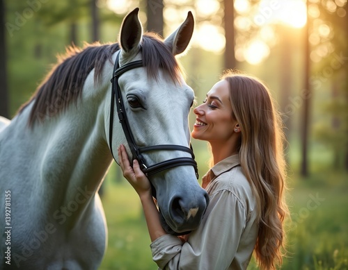 Woman bonding with white horse in forest. Smiling rider enjoys moment with equestrian animal during training rest time. Relaxing time with pet outside, healthy lifestyle, happy people, horse