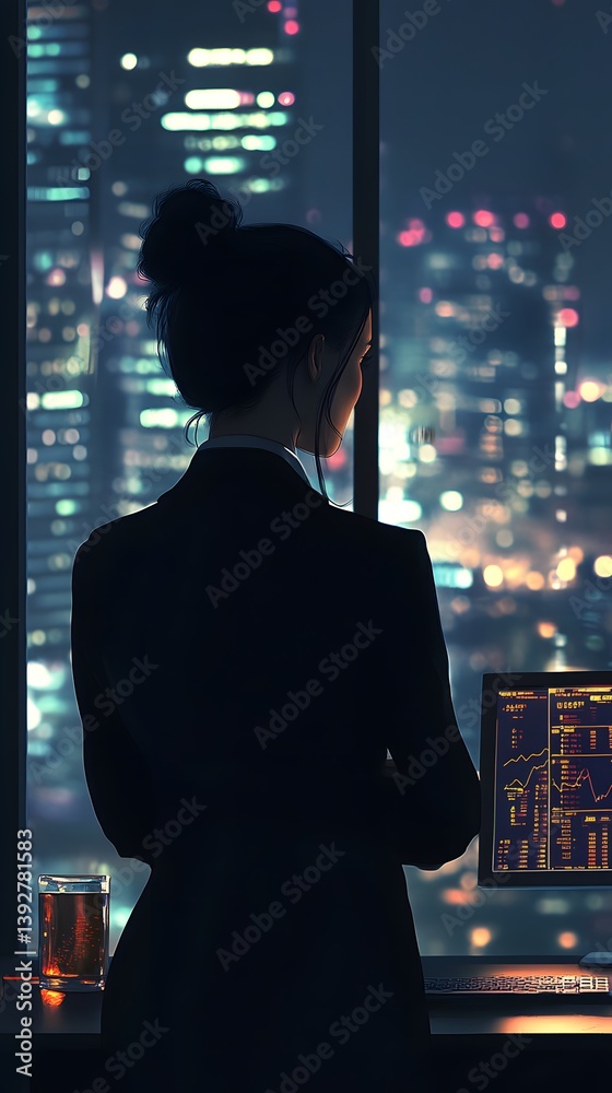 Ambitious Businesswoman Overlooking the City from Her Executive Office at Night