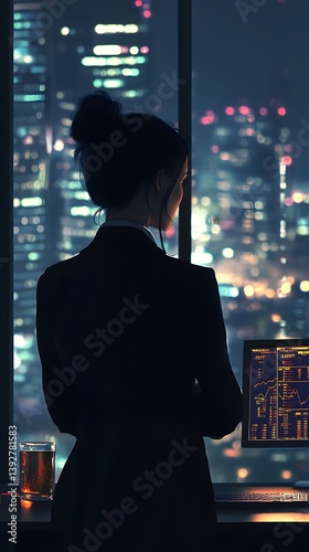 Obraz na płótnie Ambitious Businesswoman Overlooking the City from Her Executive Office at Night w salonie