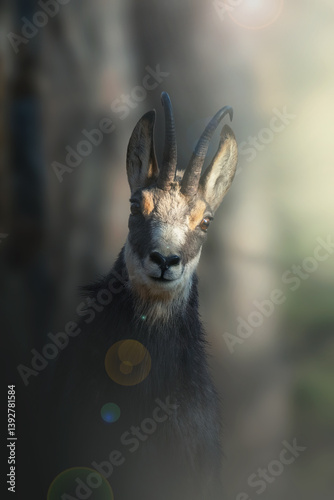 Obraz na płótnie I was lucky to capture this Alpine chamois just as it was moving in my direction, its bright, sunset-lit eyes staring into the camera, and the shadows of the forest enveloping its imposing figure. w salonie