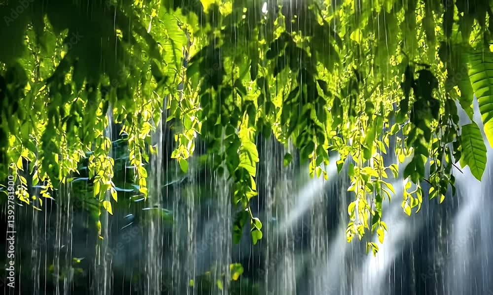 Sunlight shining through tree leaves as rain falls, creating a vibrant, tranquil scene